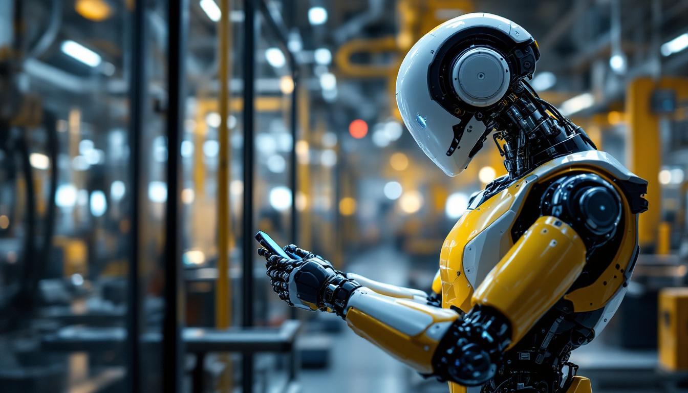 A photograph of a skilled technician operating a sleek industrial robot in a modern manufacturing setting