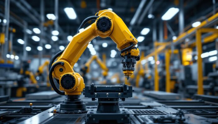 A photograph of a sleek industrial robotic arm in action