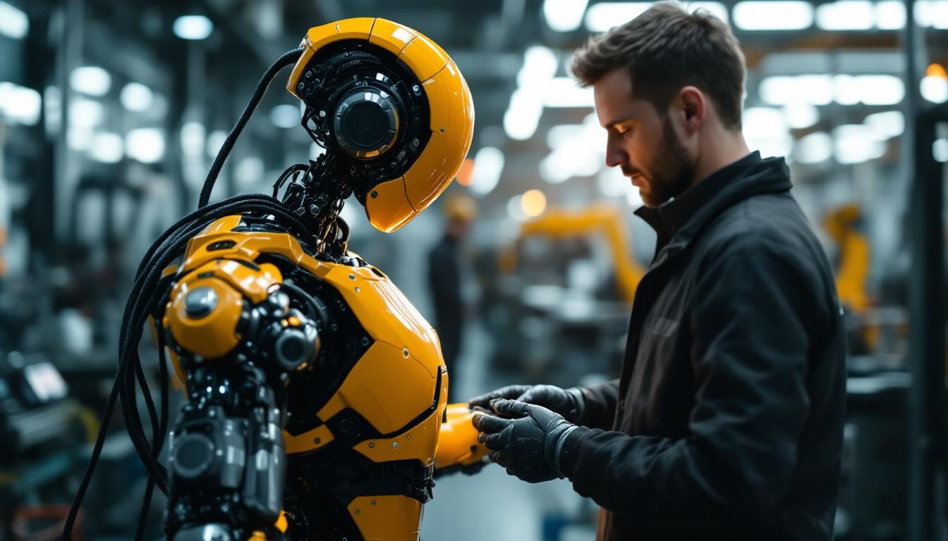 A photograph of a sleek industrial robot in action within a modern manufacturing environment