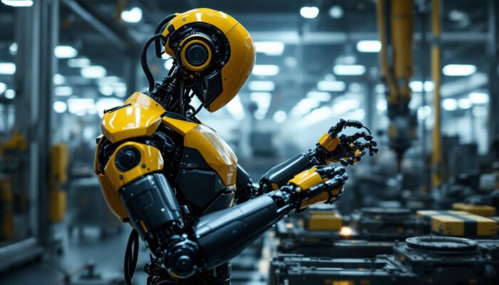 A photograph of a sleek industrial robot in action within a modern manufacturing environment
