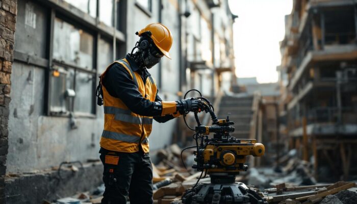A photograph of a skilled worker using an industrial robot to construct a set of outside stairs