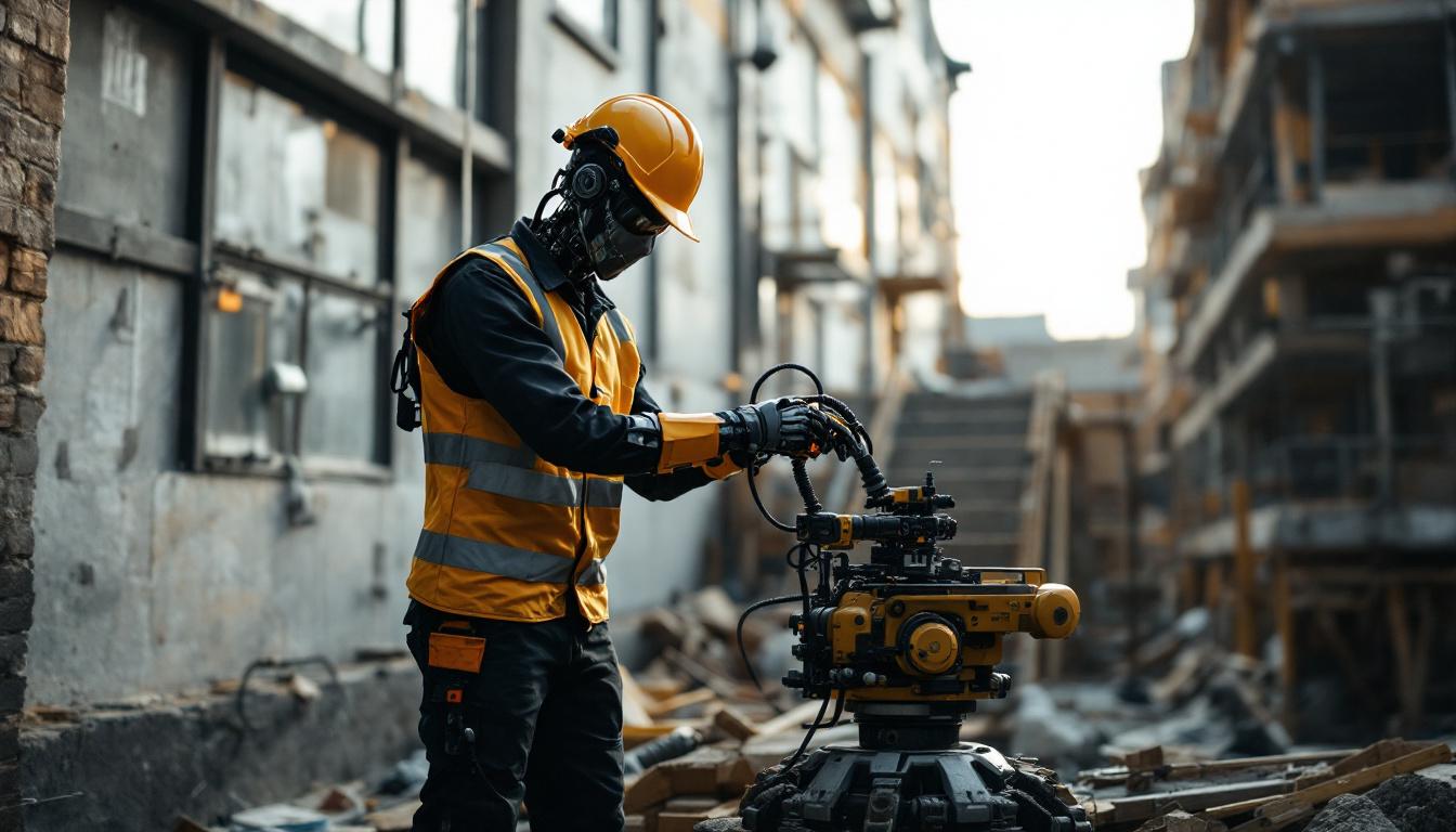 A photograph of a skilled worker using an industrial robot to construct a set of outside stairs