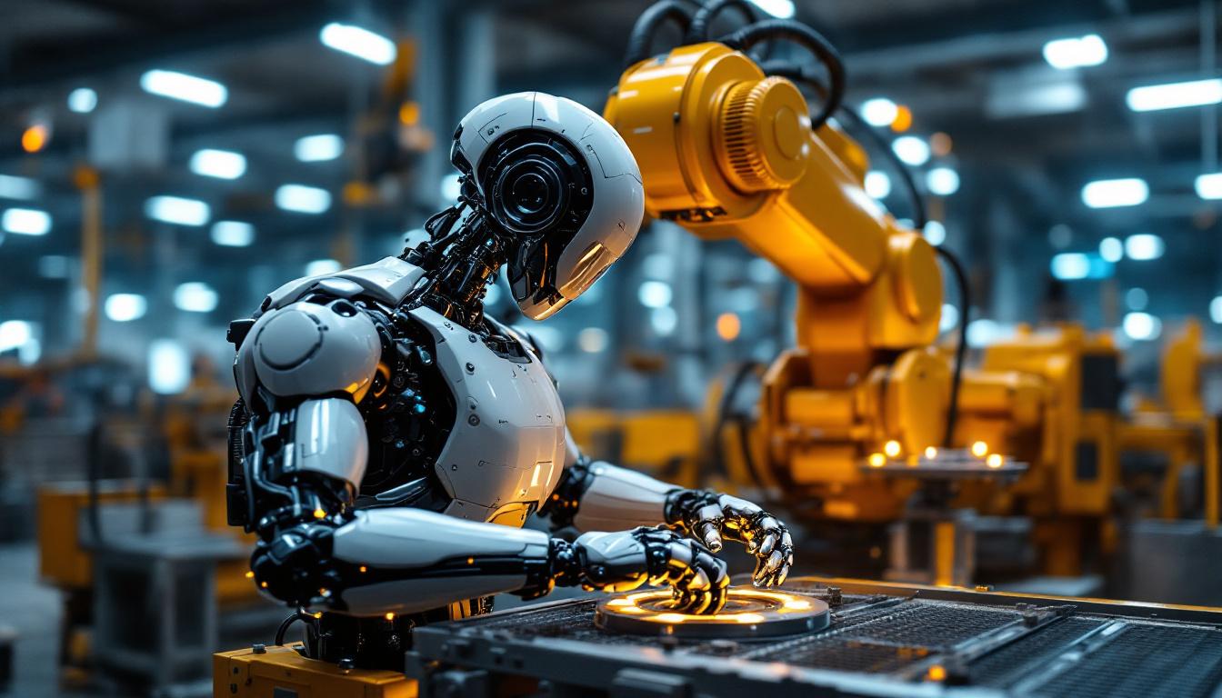 A photograph of a sleek industrial robot in action within a manufacturing environment