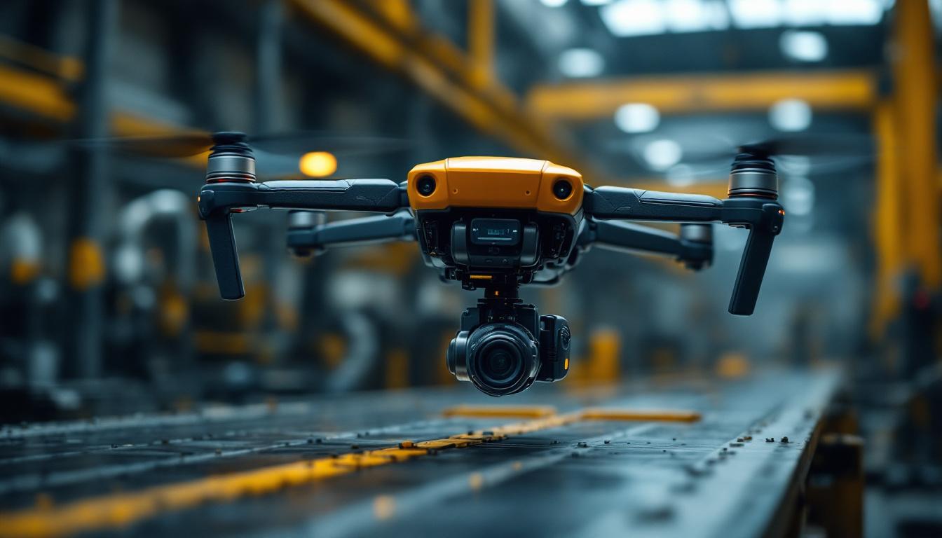 A photograph of a drone equipped with a robotic arm in an industrial setting