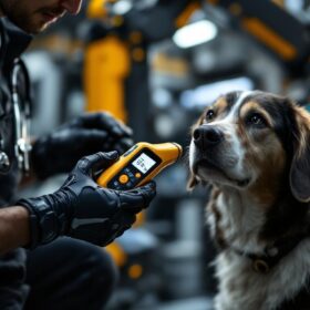 A photograph of a veterinarian checking a dog's temperature using a digital thermometer
