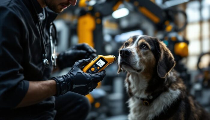 A photograph of a veterinarian checking a dog's temperature using a digital thermometer