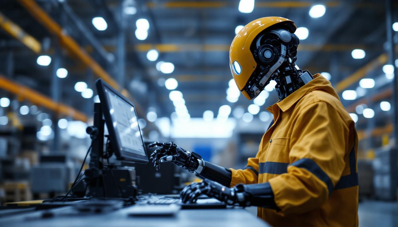 A photograph of a skilled technician programming or operating an industrial robot in a modern warehouse setting