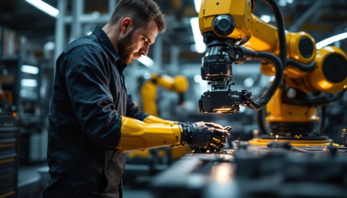 A photograph of a skilled technician working on an industrial robotic arm in a modern workshop