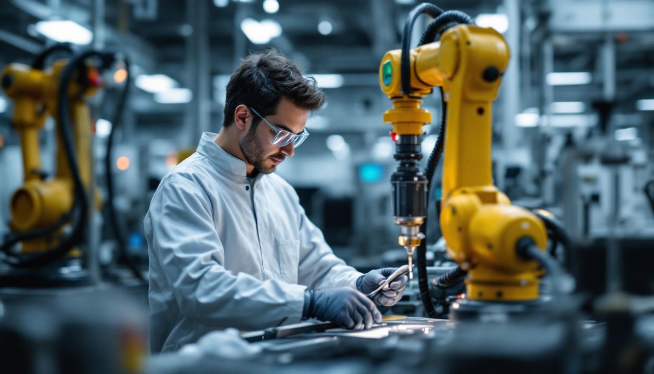 A photograph of a skilled technician working with an industrial robotic arm in a clean
