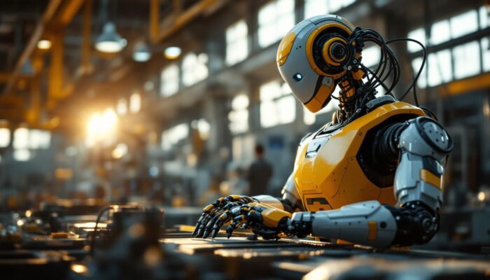 A photograph of a sleek industrial robot in action within a bustling boston manufacturing environment