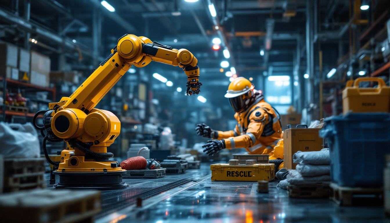 A photograph of a dynamic industrial setting featuring a robotic arm in action