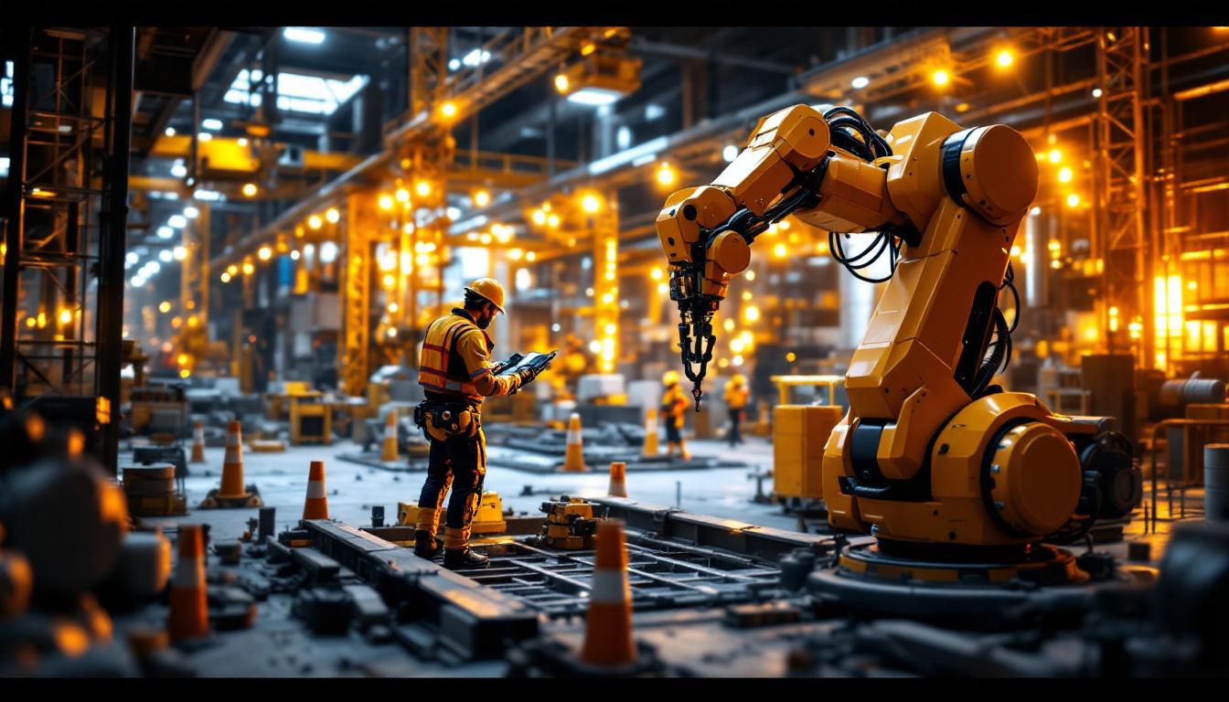 A photograph of a modern construction site featuring industrial robots in action