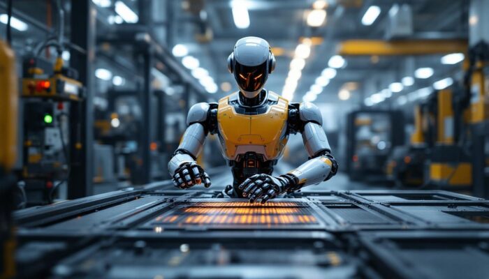 A photograph of a sleek industrial robot in action within a modern manufacturing environment