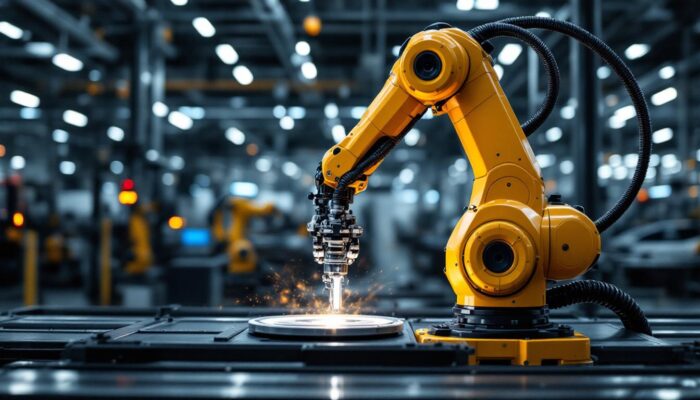 A photograph of a sleek industrial robotic arm in action