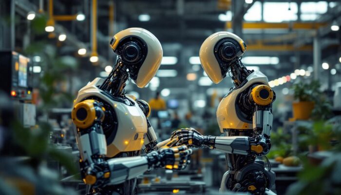 A photograph of a sleek industrial robot working alongside humans in a sustainable manufacturing environment