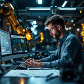 A photograph of a skilled engineer working intently at a workstation