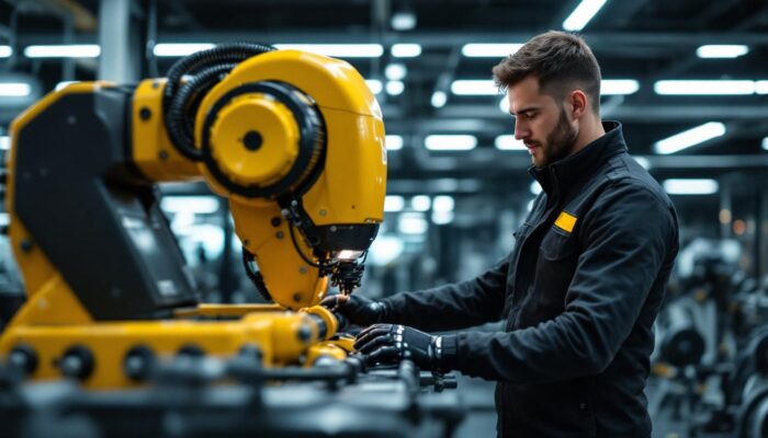 A photograph of a fitness administrator interacting with an industrial robotic system in a modern gym setting