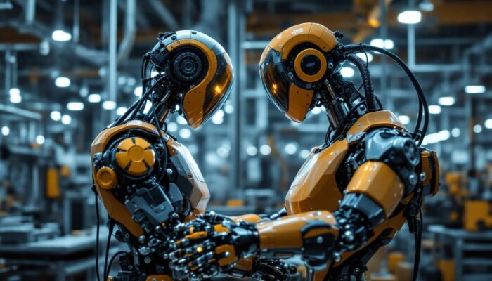 A photograph of a sleek industrial robot in action within a boston manufacturing facility