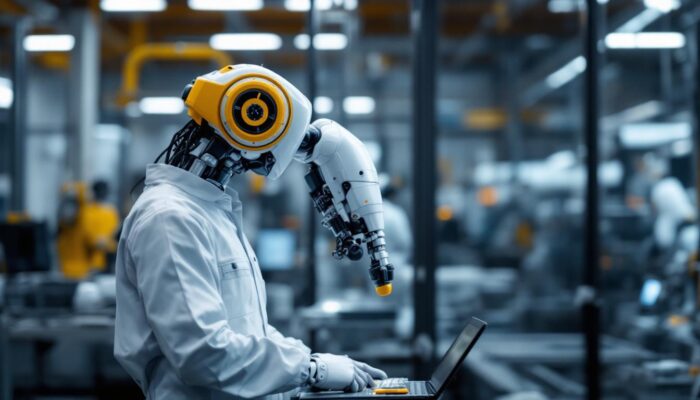 A photograph of a skilled technician programming or operating the atlas secure industrial robot in a modern manufacturing environment