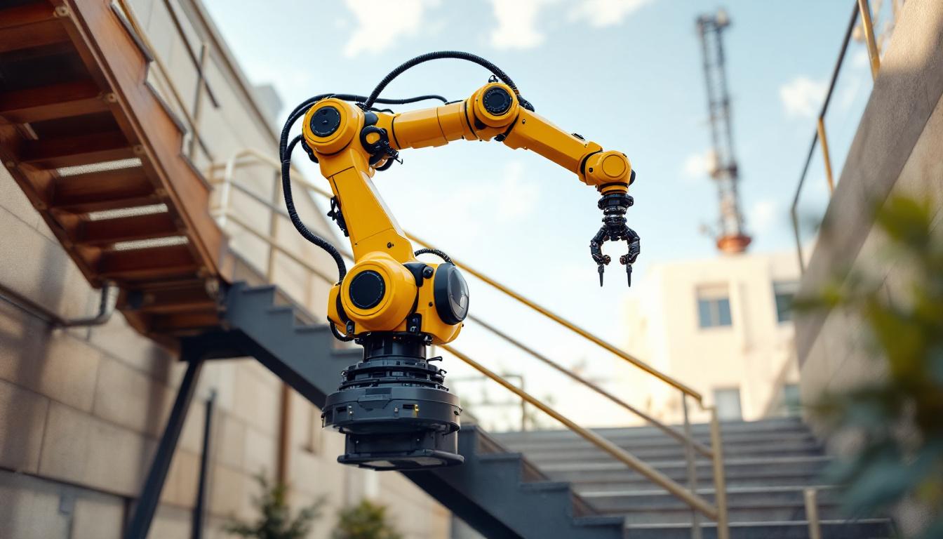 A photograph of capture a photograph of an industrial robotic arm working on an outdoor staircase with a landing