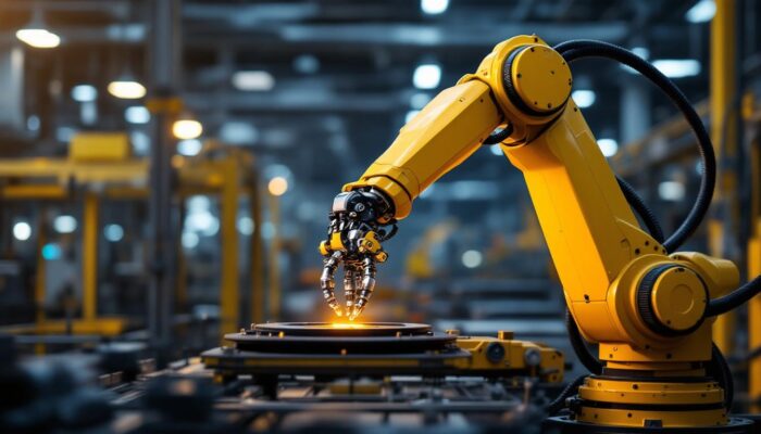 A photograph of a sleek industrial robotic arm in action