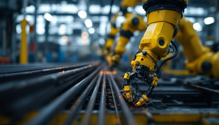A photograph of a close-up of rebar being handled by industrial robots in a manufacturing setting