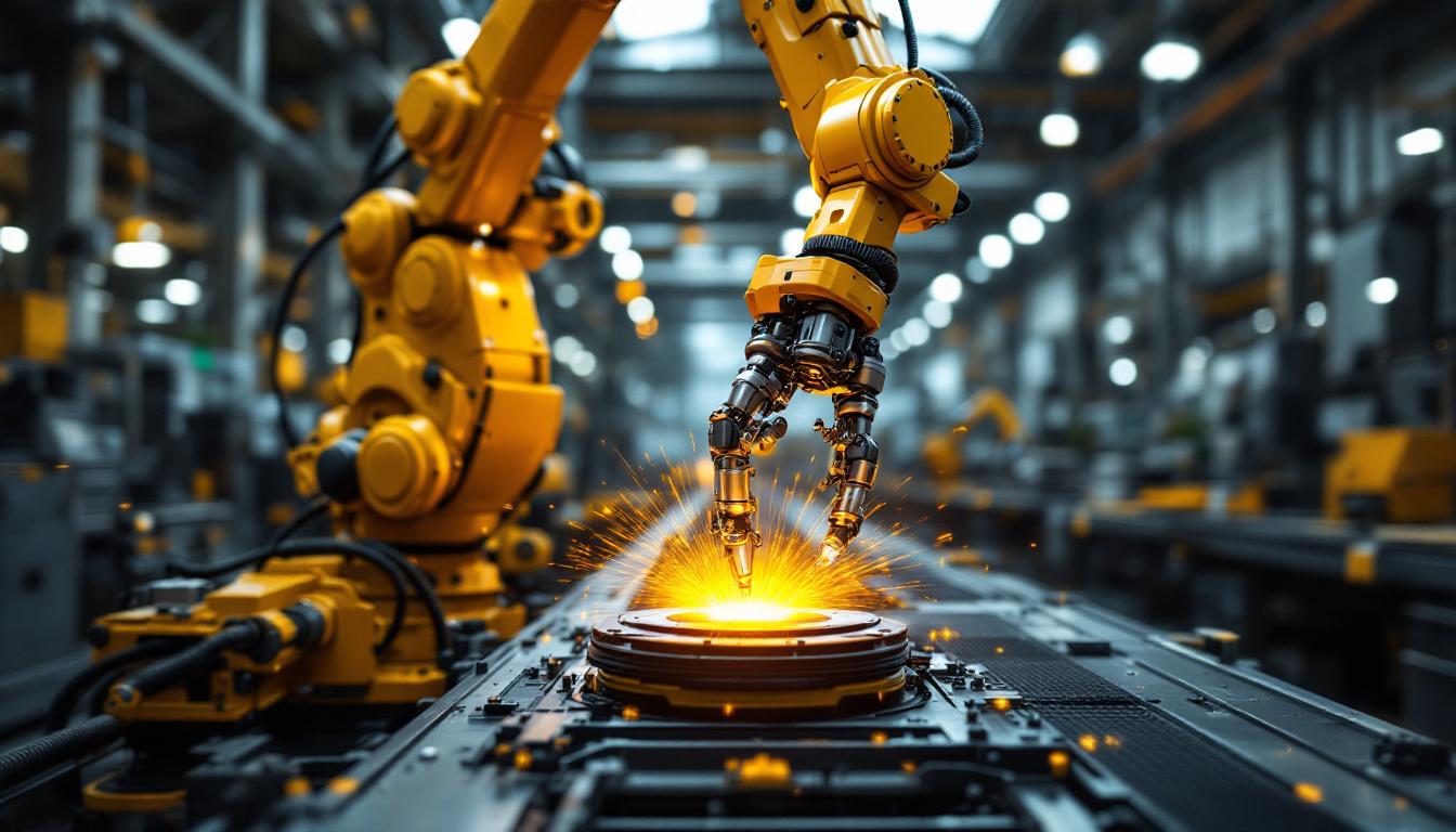 A photograph of a sleek industrial robotic arm in action