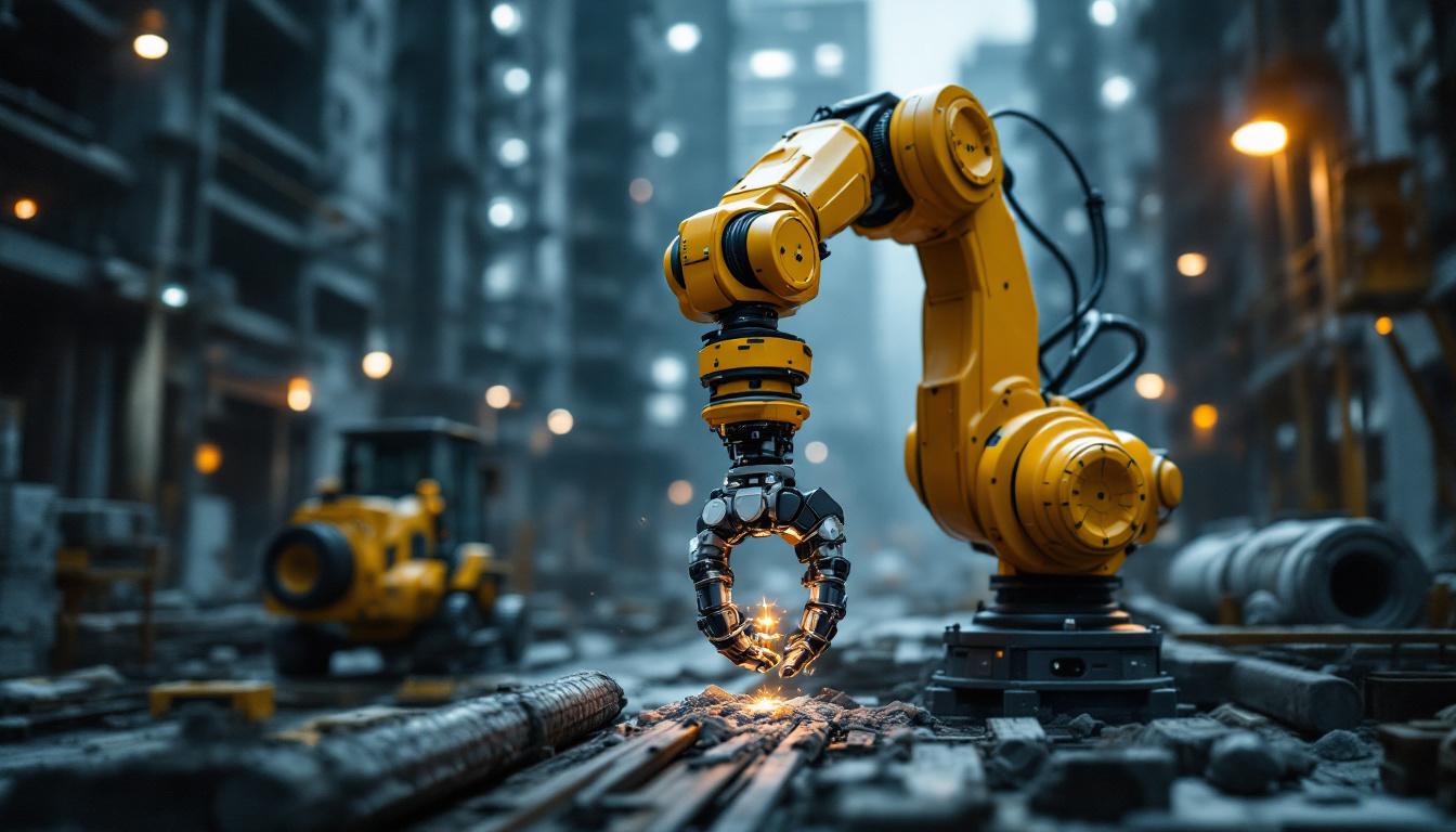 A photograph of a sophisticated industrial robotic arm in action on a civil construction site