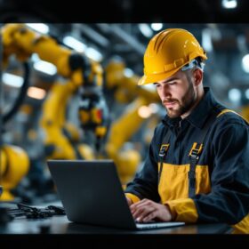 A photograph of a skilled technician working remotely on a laptop