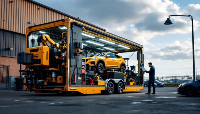 A photograph of a mobile mechanic trailer equipped with industrial robotic tools and machinery