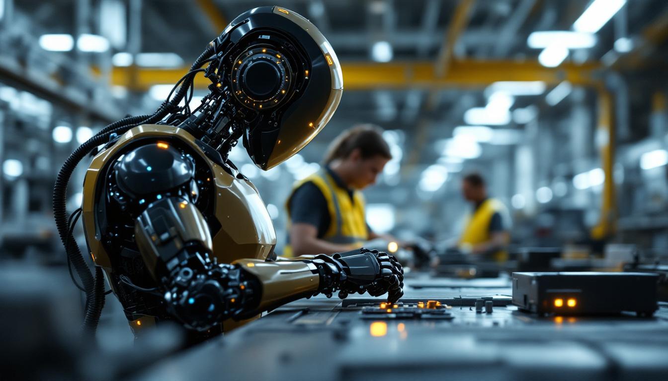 A photograph of a sleek industrial robot in action within a modern manufacturing environment