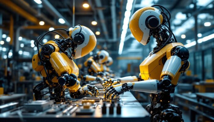 A photograph of a modern industrial robot in action on a factory floor