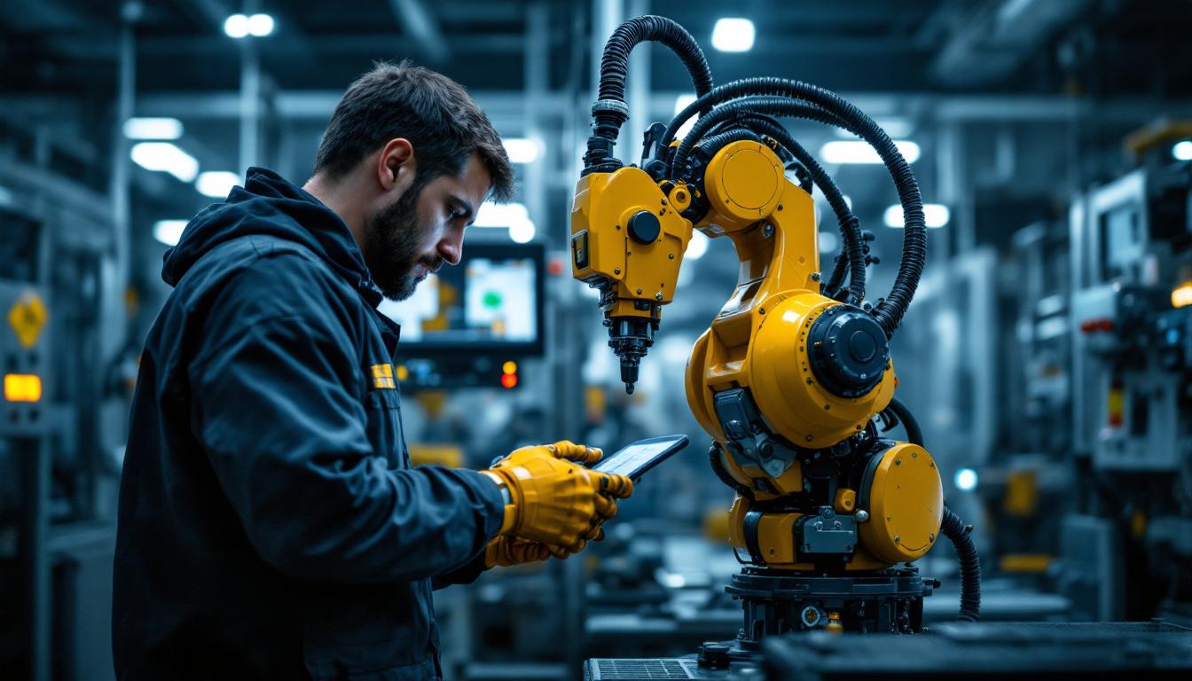 A photograph of a skilled technician programming or operating an industrial robot in a modern manufacturing facility