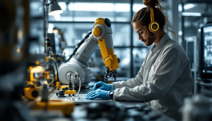 A photograph of a biomedical engineering intern working alongside a robotic arm in a lab setting