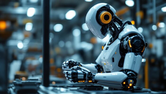 A photograph of a sleek industrial robot in action within a manufacturing environment