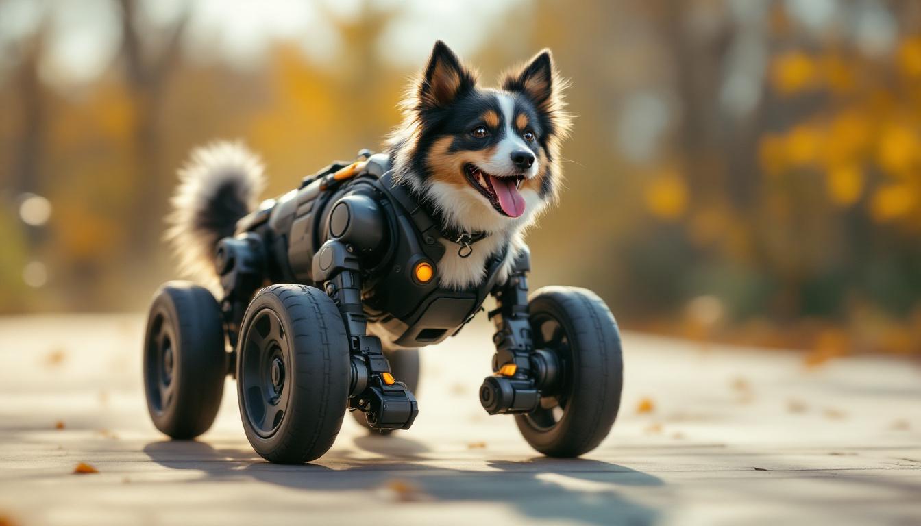 A photograph of a happy dog equipped with a set of industrial robotic wheels on its back legs