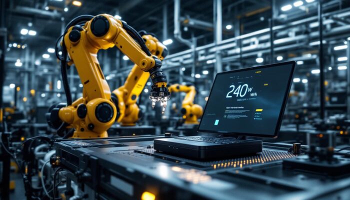 A photograph of a sleek 240-watt docking station integrated with industrial robotic arms in a modern manufacturing environment