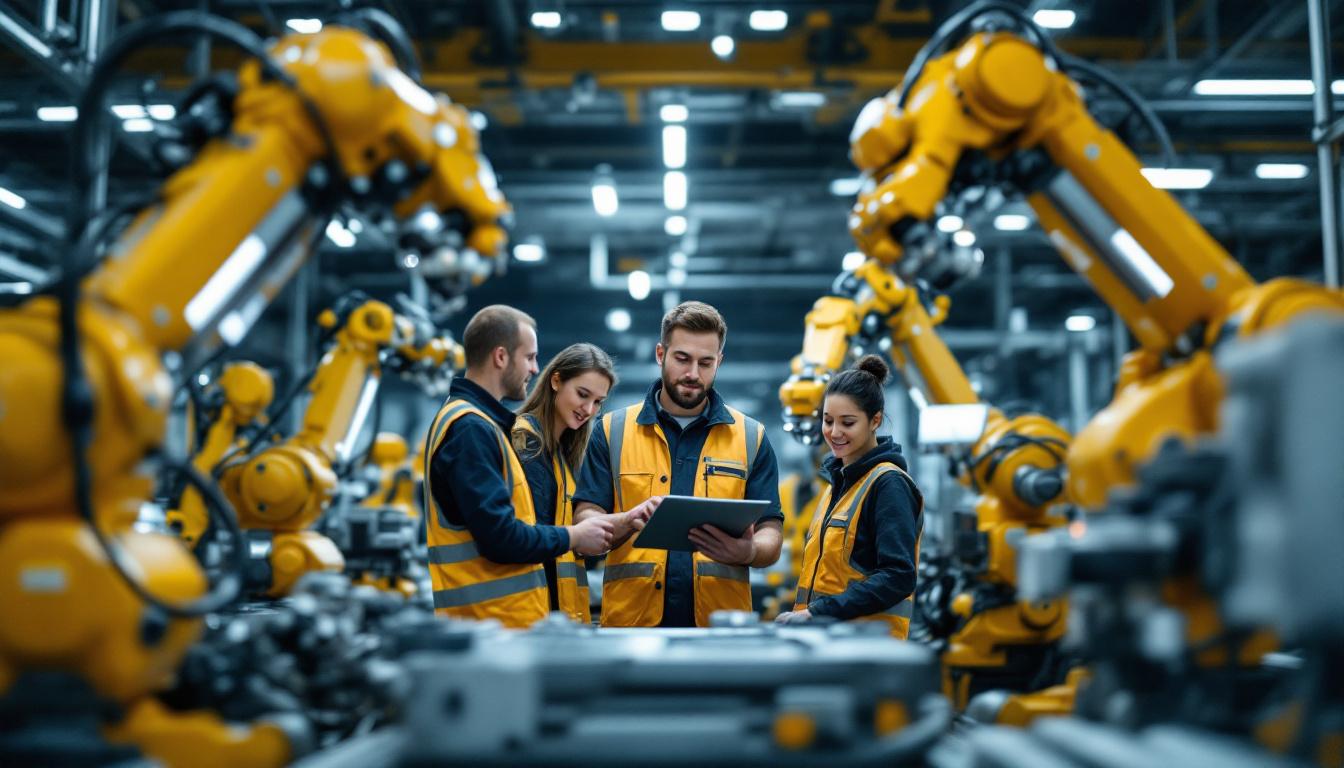 A photograph of a staff engineer collaborating with a team in a modern industrial setting