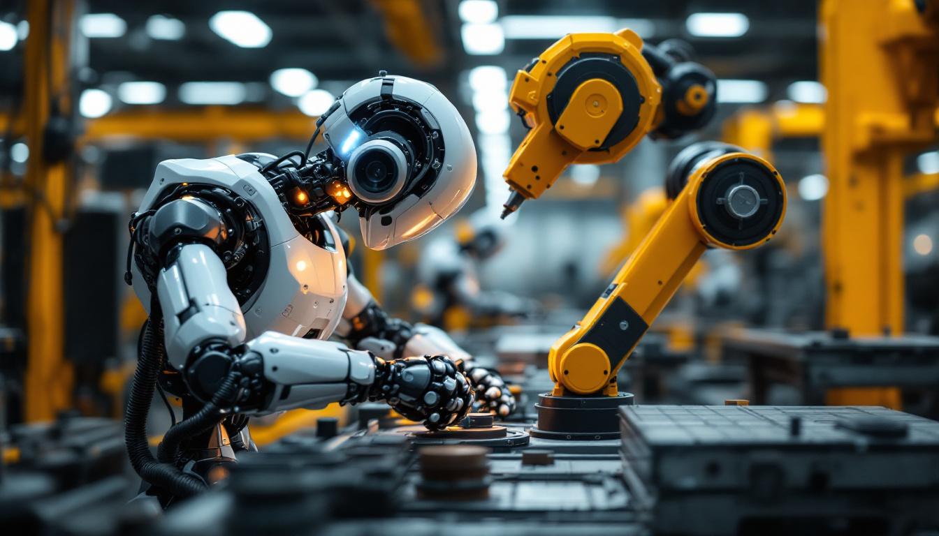 A photograph of a sleek industrial robot in action