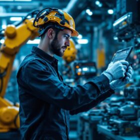 A photograph of a skilled engineer programming or interacting with an industrial robot in a modern manufacturing setting