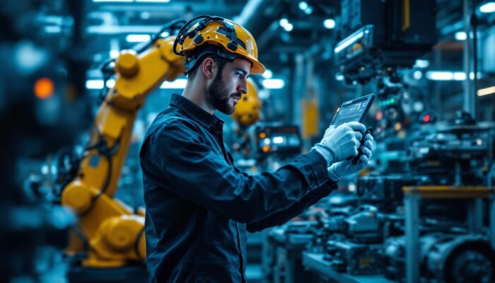 A photograph of a skilled engineer programming or interacting with an industrial robot in a modern manufacturing setting