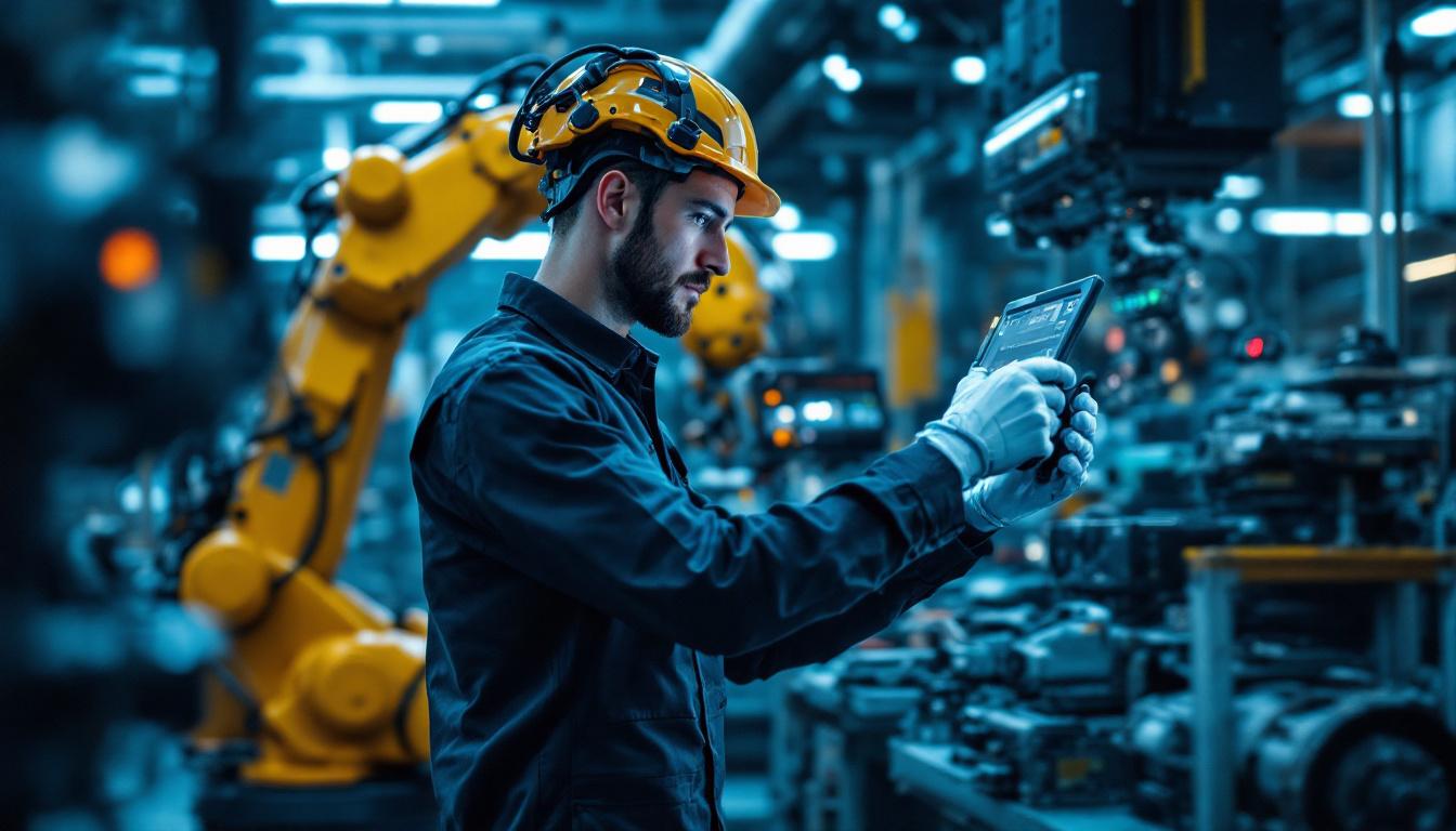 A photograph of a skilled engineer programming or interacting with an industrial robot in a modern manufacturing setting