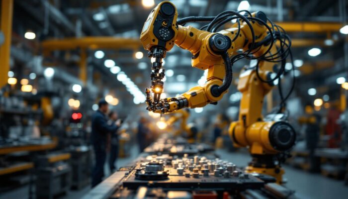A photograph of a dynamic industrial robot in action within an auto parts manufacturing facility