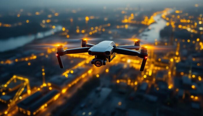 A photograph of a drone equipped with an infrared camera flying over an industrial landscape
