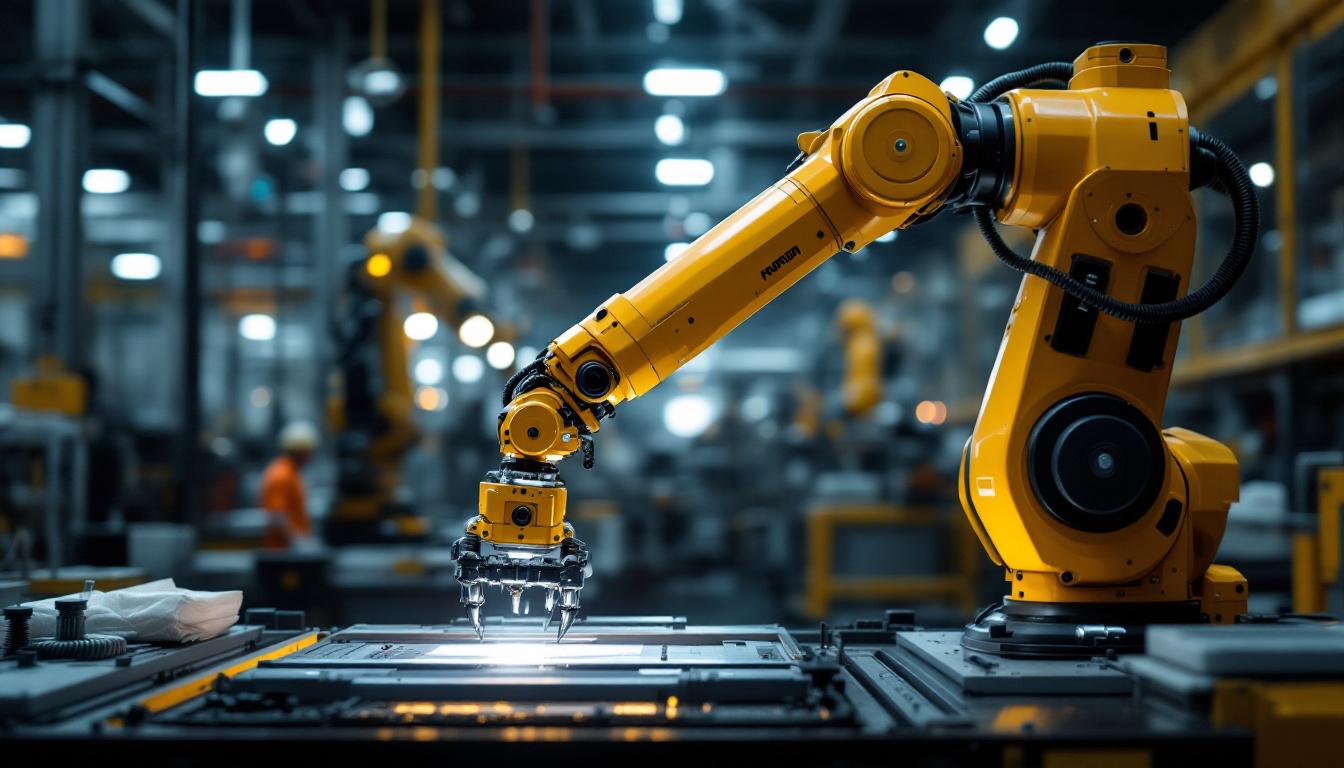 A photograph of a sleek industrial robotic arm in action within a modern manufacturing environment