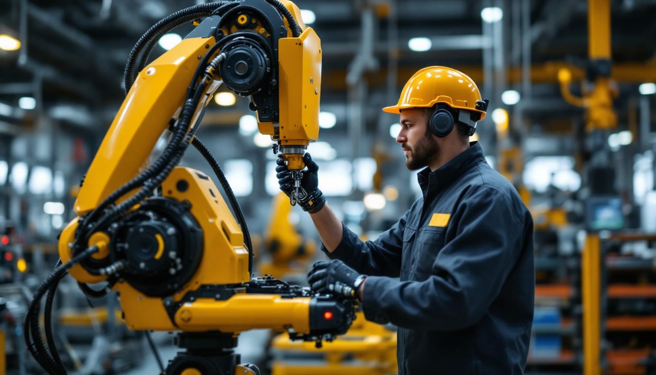 A photograph of a skilled engineer programming or interacting with an industrial robot in a modern manufacturing environment