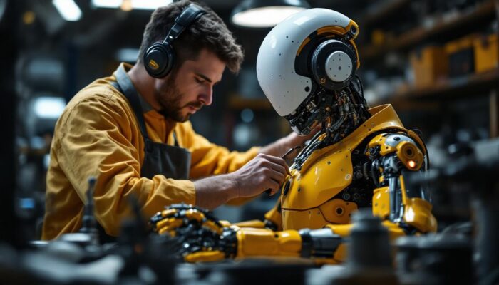 A photograph of a skilled technician working on a detailed animatronic figure in a well-lit workshop