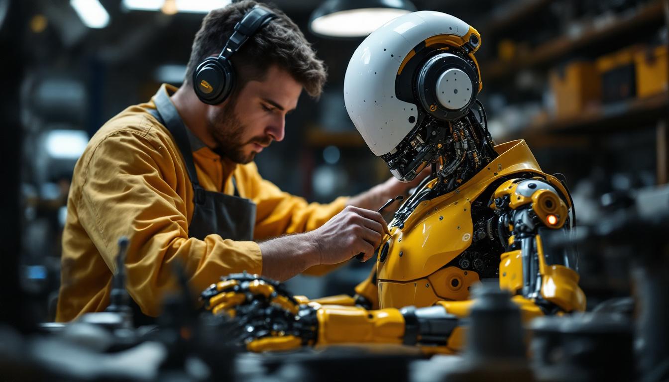 A photograph of a skilled technician working on a detailed animatronic figure in a well-lit workshop