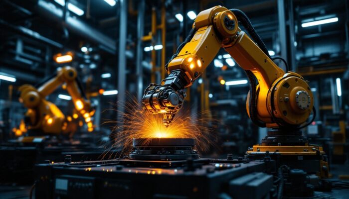 A photograph of a dynamic industrial setting showcasing a robotic arm in action