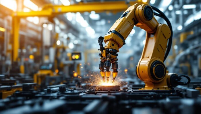 A photograph of a dynamic industrial setting featuring a robotic arm in action